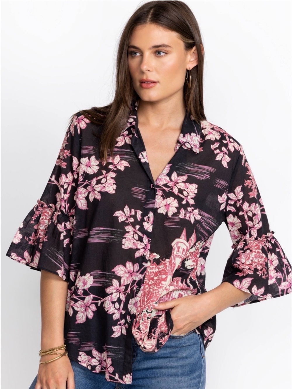 Johnny Was “House On The Hill” Ruffle Sleeve Blouse